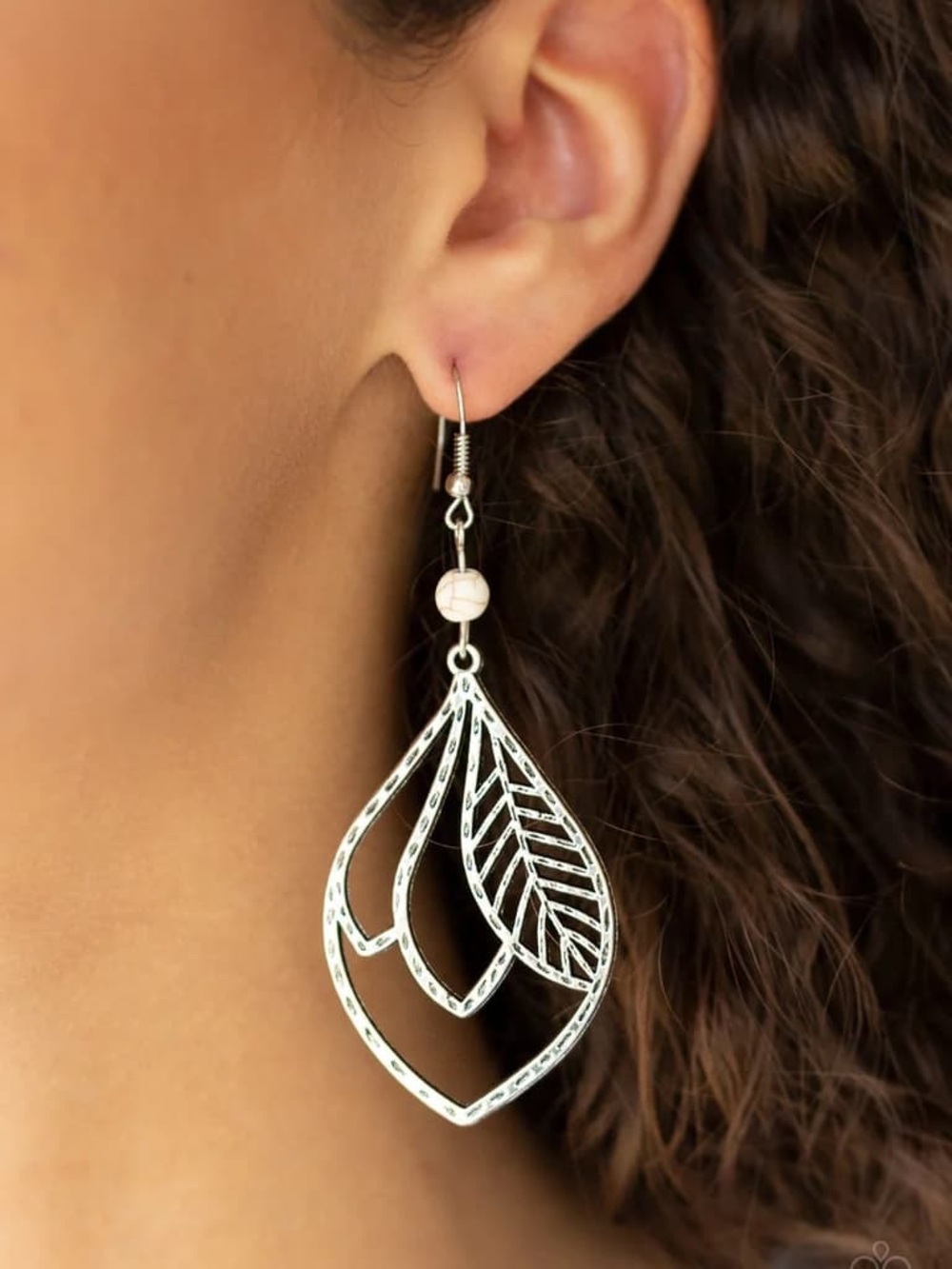 Silver Tone Leaf Drop Earrings in White Accent